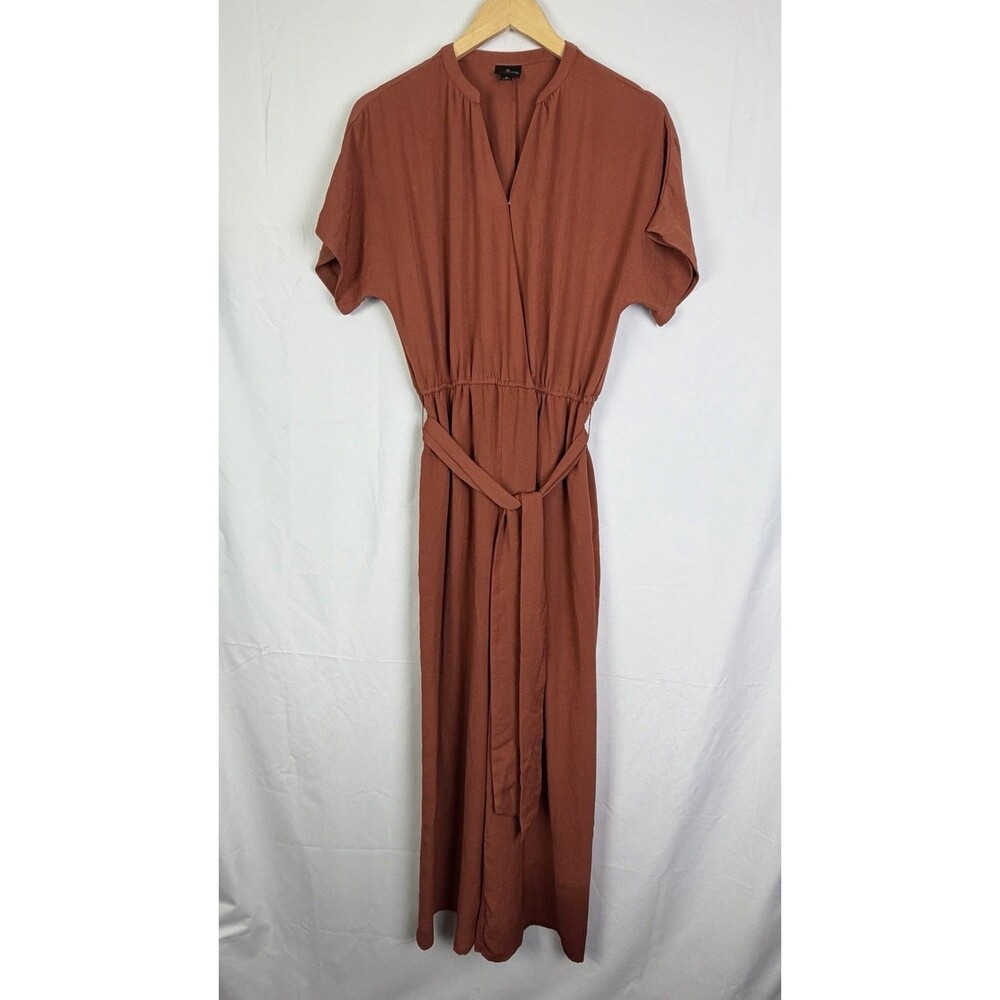 Worthington Sz Small Rust Solid Jumpsuit V-Neck Wide-Leg Belted Waist EUC
